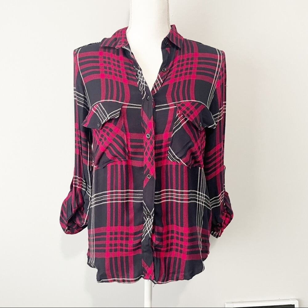Zara black red plaid button down top size small flannel grunge - Picture 1 of 9